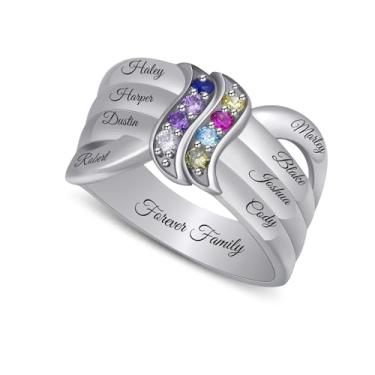 Imagem de AREH Anel de mãe personalizado com 1 a 8 pedras de nascimento, prata esterlina 925, anéis de avó para mulheres, nome de família personalizado e pedra do mês de nascimento, anel do dia das mães, Metal