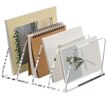 Imagem de SANRUI Suporte organizador de arquivos de mesa de acrílico, prateleira vertical transparente com 4 seções, pasta de arquivos, revista, fichário de mesa, armazenamento de e-mails, divisória vertical