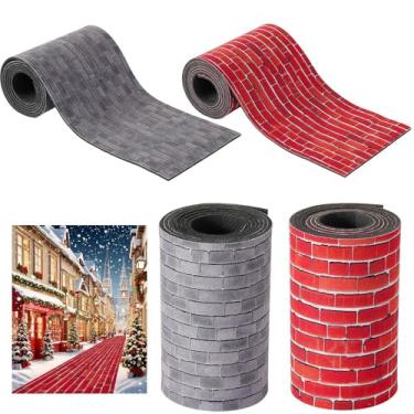 Imagem de 4 peças de acessórios de vila natalina - rolo de paisagem de rua de tijolo vermelho e cinza, caminhos de aldeia cortáveis para a família, miniatura, vila faça você mesmo, decoração de casa e jardim de