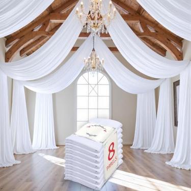 Imagem de Cortina de teto branca de 1,4 m × 20 pés para festas de casamento, tecido drapeado de poliéster sem rugas, cortina branca para festa, barraca, hotel, banquete, salão, decoração de teto, 8 painéis, 1,8