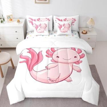 Imagem de Erosebridal Jogo de edredom fofo Axolotl de 7 peças para cama de casal em uma bolsa, desenho kawaii, animal de estimação, réptil, rosa, branco, macio, reversível, para decoração de quarto de crianças