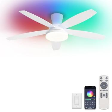 Imagem de ZMISHIBO Ventiladores de teto RGB de 122 cm com luzes e controle remoto/aplicativo, ventilador de teto branco de baixo perfil com motor CC silencioso, regulável por LED, ventilador de teto de montagem