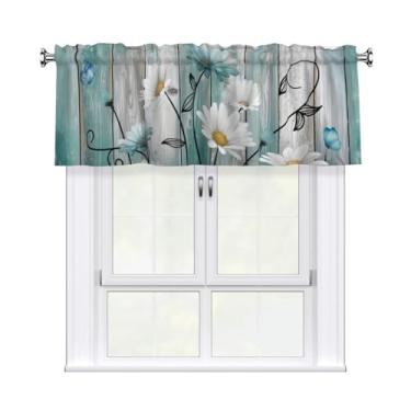 Imagem de Miaoquhe Cortinas de cozinha retrô margaridas 137 x 45 cm azul-petróleo flor borboleta saia para janela rústica casa de fazenda pequena tratamento de varão bolso sanefas para banheiro, quarto, sala de