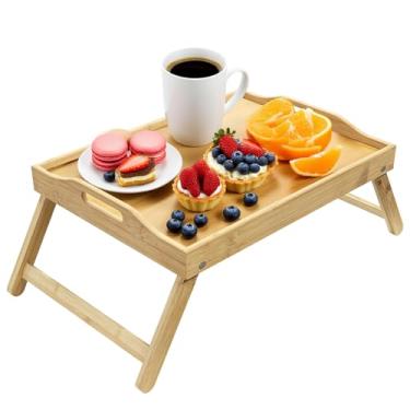 Imagem de WAAYAA Bandeja de cama de bambu com pernas e alças dobráveis - Mesa de café da manhã portátil, servindo comer, trabalhar e mesa de laptop para cama e sofá - natural