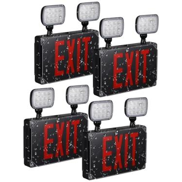 Imagem de LEONLITE Luz de saída de LED vermelha, placa de saída de localização úmida com luzes de emergência, certificação UL, saída externa com fio com bateria reserva, 2 cabeças duplas, face dupla, CA 120