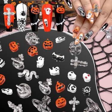 Imagem de 32 peças de pingentes de unhas de Halloween, 16 estilos de arte de unhas de Halloween, caveira, abóbora, fantasma, morcego, aranha, cobras, cruz, planeta, liga de unhas, berloque artístico, para