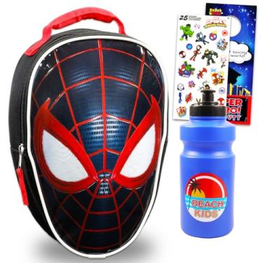 Imagem de Conjunto de lancheira infantil Aranha e Amigos – Pacote com lancheira Miles Morales e adesivos, garrafa de água e mais | Lancheira do Homem-Aranha para meninos
