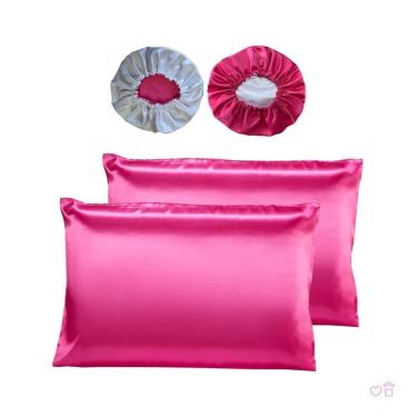 Imagem de Kit 02 Fronhas E 02 Toucas Cetim Antifrizz Pink/Branco