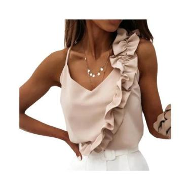 Imagem de Blusa Feminina De Verão Sem Mangas Com Decote Em V E Babados, Camisa C