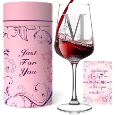 Imagem de Presentes de taça de vinho monograma personalizados para mulheres - Taça de vinho A-Z personalizada com caixa de presente e cartão comemorativo, presentes de aniversário exclusivos de Natal para ela