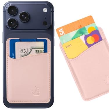 Imagem de Suporte para cartão de crédito em couro premium com suporte para celular iPhone Android Smartphones (couro rosa) Wallaroo