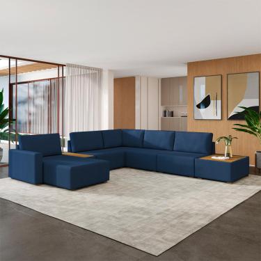 Imagem de Sofá de Canto Decorativo Sala de Estar 603cm Modulado Takashi com Chaise e Puffs Linho Azul Petróleo G45 - Gran Belo