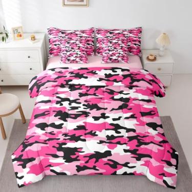 Imagem de Erosebridal Jogo de cama queen camuflado rosa com estampa de campanha retrô do exército, 7 peças | Conjunto de lençol geométrico com tema militar camuflado com edredom para meninos e meninas
