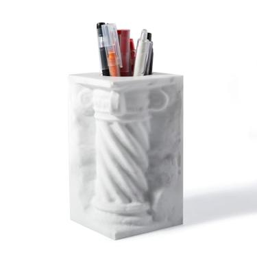 Imagem de Suporte de caneta de mármore para mesa, porta-pincéis de maquiagem de luxo, organizador de canetas de mesa elegante de coluna romana, copo de lápis versátil para escritório, escola, decoração de casa