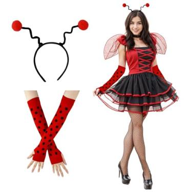 Imagem de DOCILA Roupas femininas para fantasia de joaninha e antena vermelha, faixas de cabelo, luvas de bolinhas, acessórios de festa de Natal de Halloween
