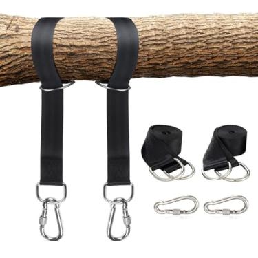 Imagem de Pacote com 2 correias de balanço para árvores, alças de rede resistentes para atividades ao ar livre com mosquetões, correia de poliéster de 5 cm de largura para cadeira de balanço/balanço de ioga