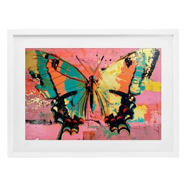 Imagem de Stupell Industries Borboleta retrô sobre impressão emoldurada abstrata rosa cinza sob vidro, design por LSR Design Studio, 43 x 58