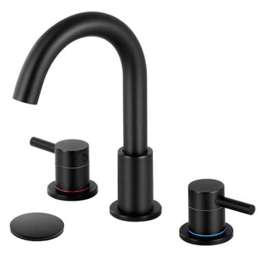 Imagem de RNDIOZD Torneira de banheiro preta 3 furos com ralo pop-up Rv torneira de pia de banheiro ampla 360° giratória duas alças aço inoxidável