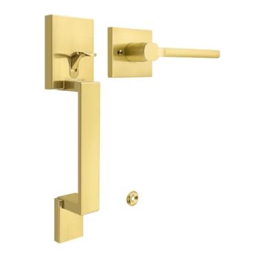 Imagem de Tinewa Maçaneta dourada San Clemente com alavanca, puxador de entrada atualizado, espaço de orifício ajustável, liga de zinco e alavanca reversível, 1 pacote