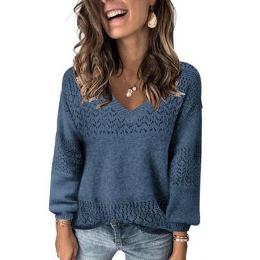 Imagem de Suéteres FEKOAFE com decote em V tricotados para mulheres outono inver