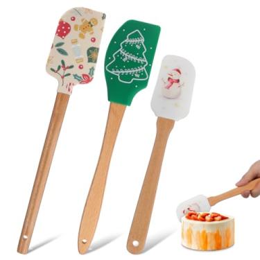 Imagem de JECOMPRIS 3 peças de espátula de silicone de Natal: espátula de bolo com cabo de madeira para férias - Utensílios de cozinha de Natal para cozinhar, assar biscoitos, misturar creme de manteiga