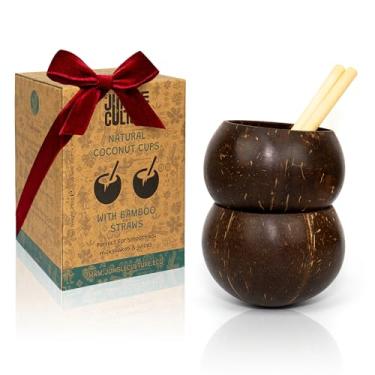 Imagem de Jungle Culture® Copos de casca de coco real para coquetéis e vitaminas Malibu • Pequenas tigelas de coco e canudos de bambu • Copo de madeira natural • Canecas sem desperdício • Copos de bebida para festa • Presentes sustentáveis
