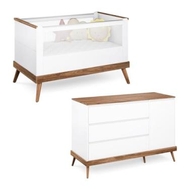 Imagem de Quarto de Bebê Completo Retrô Coleção Canção de Ninar, com Berço Americano e Cômoda 3 Gavetas 1 Porta, Pé Palito Branco em MDF e Madeira Maciça, Pintura UV Atóxica