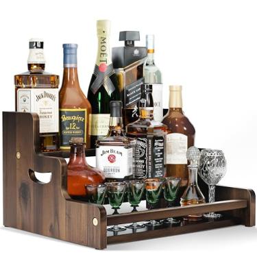 Imagem de Tinamo Prateleira de exibição de garrafa de licor de madeira de acácia – rack de vinho de bancada de 3 níveis, prateleira de bar – suporte de bar de uísque para casa, organizador de garrafas para