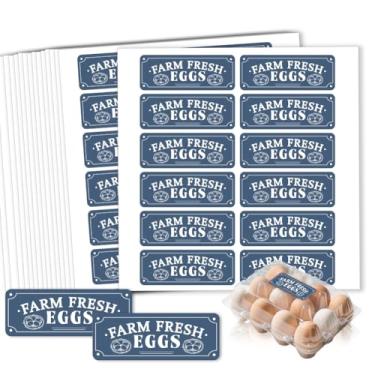 Imagem de GOMAKERER 180 etiquetas de caixa de ovos frescos da fazenda, 6,5 x 2,5 cm, retangulares, estilo retrô, tons azuis, etiquetas de ovos não lavados, adesivos autoadesivos para embalagem de ovos de