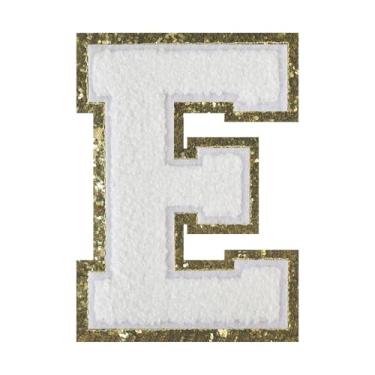 Imagem de 1 PÇ Patch de letra de chenille de ferro branco de 11,4 cm com borda dourada – Remendos do alfabeto para roupas, jaquetas, mochilas, chapéus para decoração personalizada, nome personalizado e