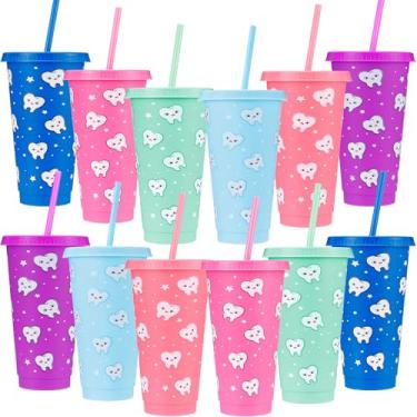 Imagem de Potchen 12 peças de copos de plástico de higiene dental 680 g copo de dentes com tampas e canudos, reutilizável, assistente dentário, copos de suco para colega de trabalho, enfermeira, apreciação