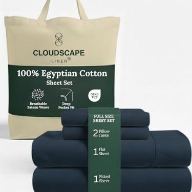 Imagem de Jogo de cama casal de algodão egípcio de camada dupla Cloud Scape Linen – Trama de cetim de fibra longa, conjunto de cama macio de qualidade hoteleira de 4 peças, bolsos profundos de até 43 cm, jeans