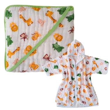 Imagem de Kit Enxoval Roupão e Toalha Banho para Bebê com Capuz 100 Algodão Soft