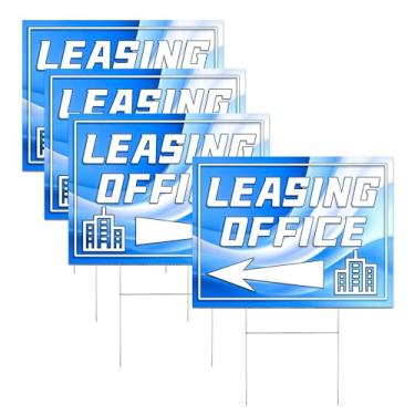 Imagem de 3 peças de letreiro de escritório com flecha de plástico dupla face para arrendamento de quintal de escritório com estacas para loja de apartamento comercial ao ar livre (3 peças)