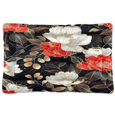 Imagem de Wassud Cama de cachorro floral ouro vermelho grande para cães tapete lavável para animais de estimação cama de gato para dormir viagens 91 x 61 cm