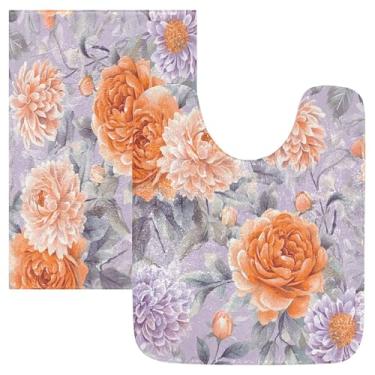 Imagem de Burbuja Conjunto de tapetes de banheiro de rosas laranja em roxo, tapete de banho absorvente de pelúcia macio, base de vaso sanitário antiderrapante para banheiro