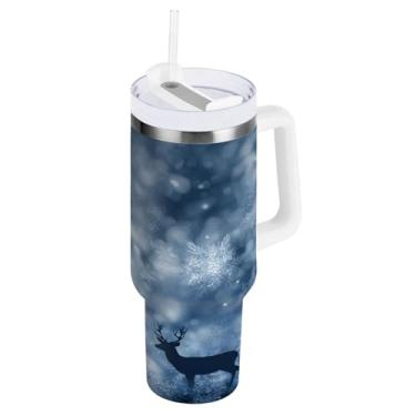 Imagem de CEBUGI Copo de 1,134 g com alça copos isolados com tampa e canudo Garrafa de água reutilizável de aço inoxidável à prova de vazamento caneca de café de viagem cristal de neve e rena