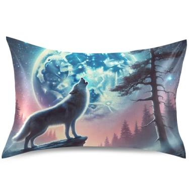 Imagem de Capas de travesseiro de cetim com lua de lobo uivando, capa de travesseiro padrão King Queen, decoração de casa, tamanho king, 101,6 cm x 50,8 cm