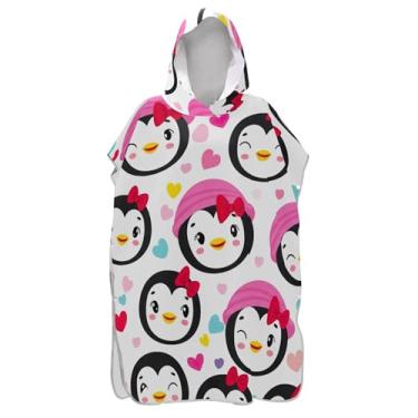 Imagem de Poncho de surfe para trocador de roupas de banho de praia com capuz de secagem rápida homens mulheres poncho com capuz fofo desenho animado pinguim colorido