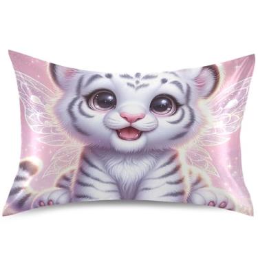 Imagem de Capa de almofada de cetim fofa de filhote de tigre rosa para resfriamento de cabelo, travesseiros tamanho king padrão, cama moderna, presentes de vida saudável, tamanho Queen, 76 cm x 50 cm