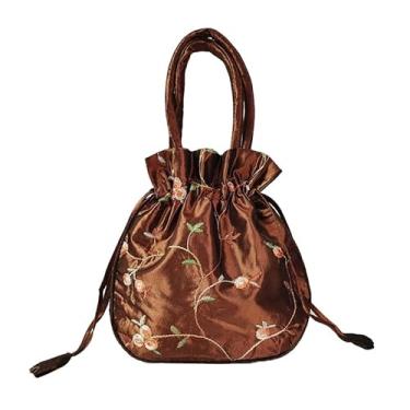 Imagem de 1 bolsa floral bordada, bolsa balde chique com cordão com forro de poliéster, perfeita para moedas e telefone, linda bolsa - marrom