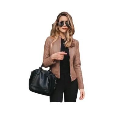 Imagem de Jaqueta Curta Feminina De Couro PU Com Zíper Para Outono/Inverno  Moda