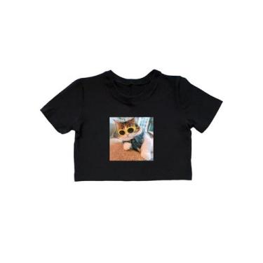 Imagem de Blusa Cropped Camisa Infantil Menina 100% Algodão Manga Curta Gatinho 