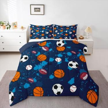 Imagem de jejeloiu Conjunto de edredom para todas as estações, futebol, basquete, beisebol, futebol, jogo de microfibra, com temática esportiva, decoração de edredom