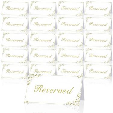 Imagem de Pacote com 20 placas de mesa reservadas douradas e brancas, placas de assento reservadas de dupla face, cartões de lugar, cartões de barraca de mesa de papel de 10 x 9 cm para cadeiras de casamento