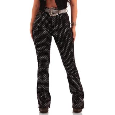 Imagem de Calça Jeans Preta Crystal Brilhos Pratas Moda Country Flare Elastano L
