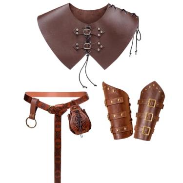 Imagem de SUMGOGO Armadura de ombro de couro medieval com capa, bolsa de cinto, braçadeira, xale de gola de guerreiro viking, fantasia de cosplay renascentista, marrom, tamanho único, Marrom, One Size Fits Most