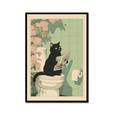 Imagem de Tela de arte de parede de banheiro japonês com gatos lidos jornal pôster de flores abstratas impressões de animais engraçados pintura zen minimalista decoração de banheiro spa para casa de banho