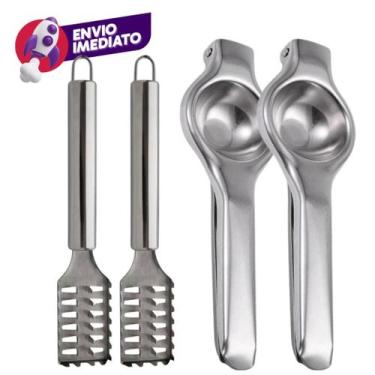 Imagem de Kit Escamador Descamador Peixe Aço Inox Espremedor Amassador Limão Peg
