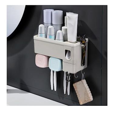 Imagem de Suporte de escova de dentes, suporte para escova de dentes, copo de enxaguante bucal montado na parede, vaso sanitário, perfuração, montagem na parede, dispositivo integrado de pasta de dentes
